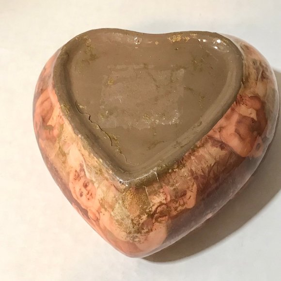Vintage Ceramic Heart Trinket Box Jewelry Victorian Cherub Children Roses Padded - Picture 10 of 12